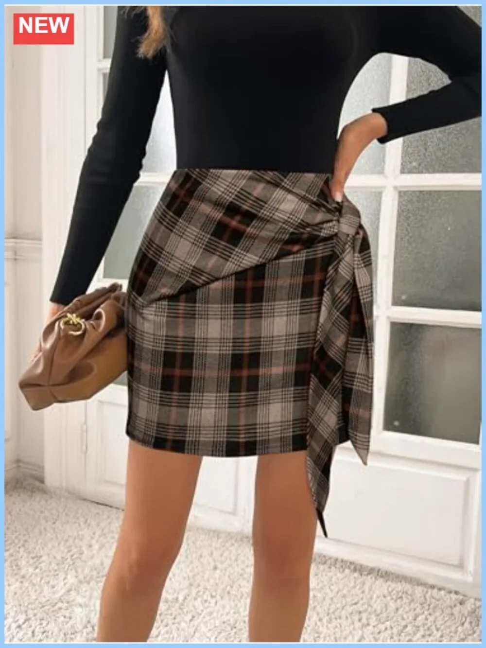 Women's Plaid Pencil Skirt High Waist Bow Tie Stretch Bodycon Mini